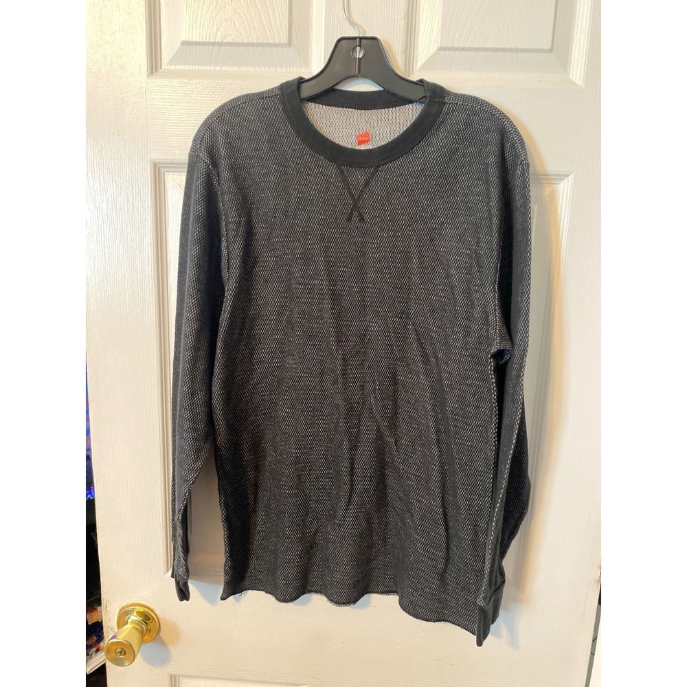 Hanes Mens Large Thermal Shirt Waffle Knit Long Sleeve Charcoal Gray Crew Neck